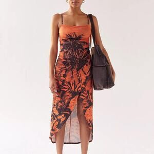 urban outfitters solana palm print orange black midi dress small tropical y2k